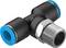 Czarny trójnik z niebieskim obrzeżem i metalowym gwintem na jednym końcu, stosowany w połączeniach pneumatycznych w zastosowaniach technicznych.