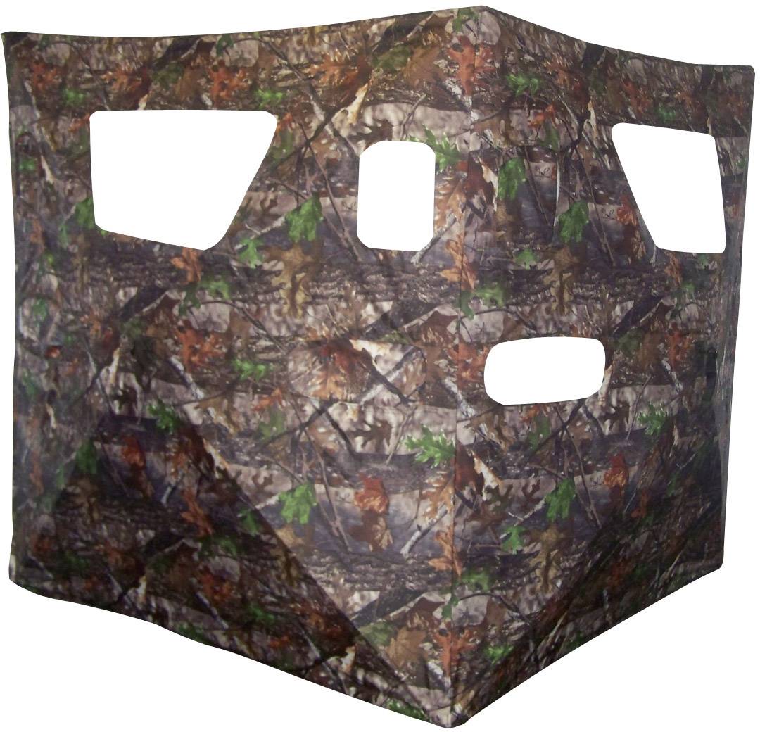 Siatka maskująca ze wzorem liściastym w odcieniach zieleni i brązu. Posiada kilka otworów okiennych i jest używana do maskowania na wolnym powietrzu.