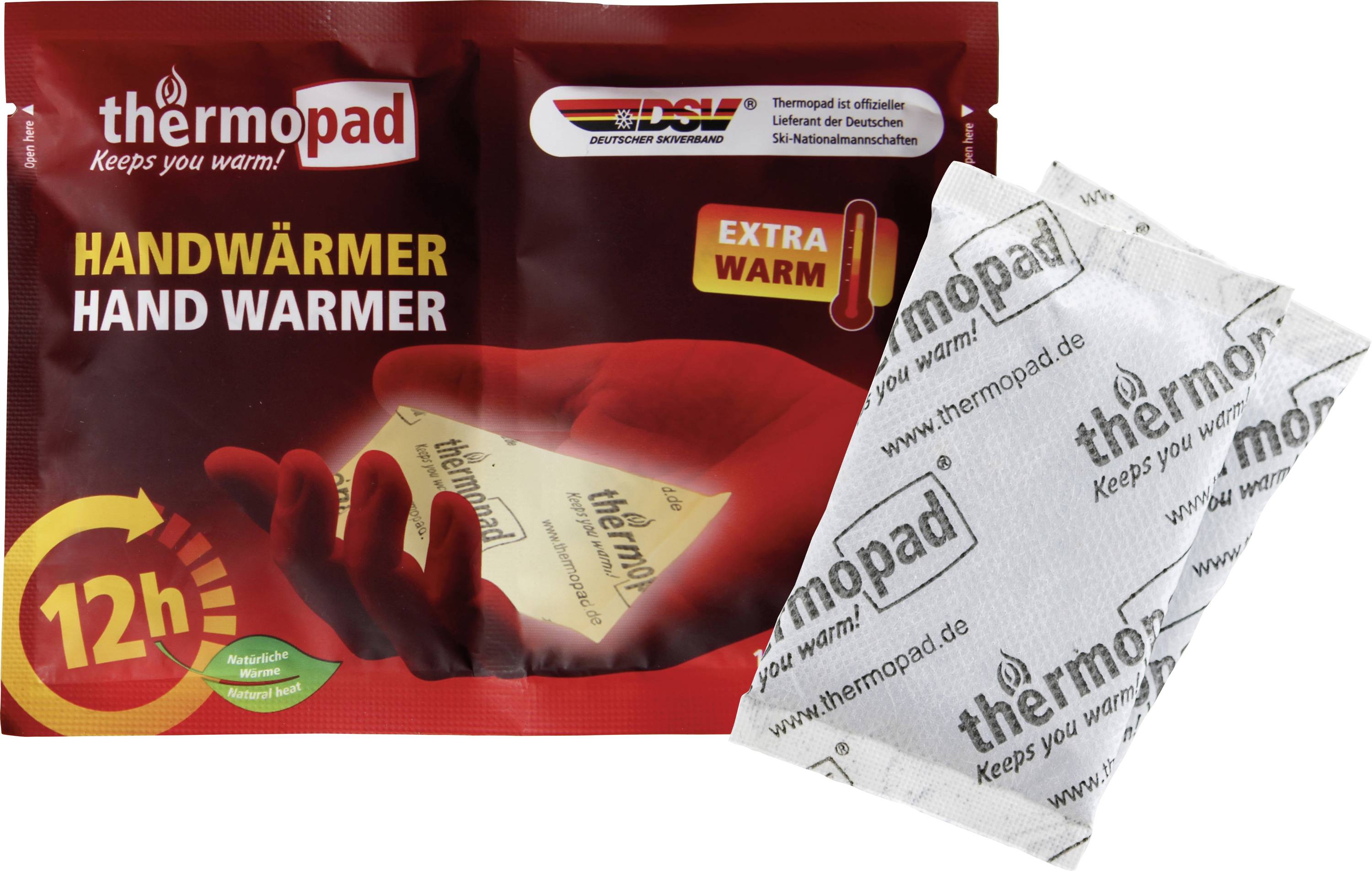 Opakowanie "thermopad Hand Warmer" wyświetla poduszkę grzejną do rąk, obiecując "Extra Warm" (Ekstra Ciepło) na "12h" (12 godzin). Zdjęcie pokazuje poduszkę w dłoni w czerwonej rękawiczce.