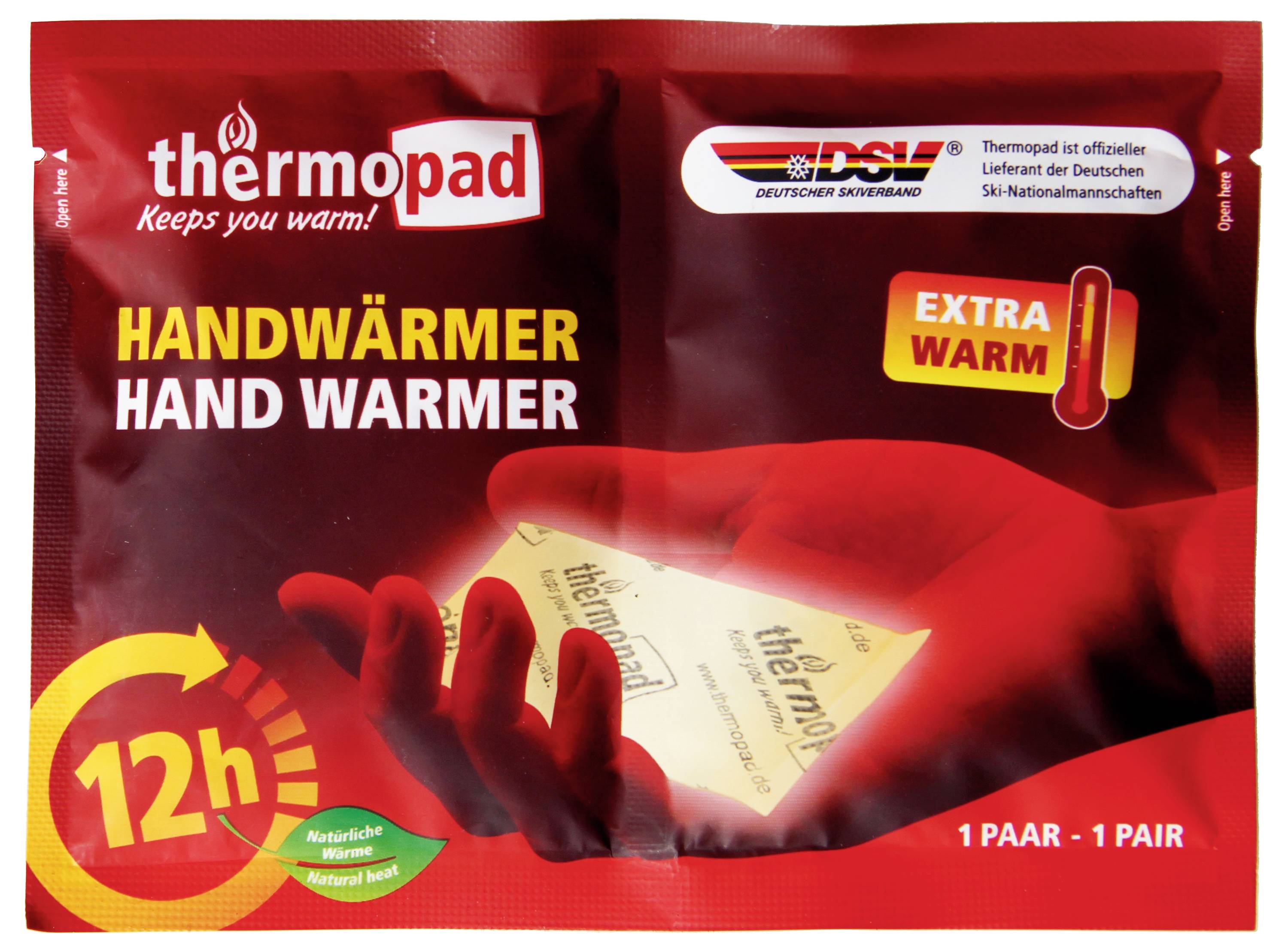 Czerwone opakowanie grzejników do rąk "thermopad", opisane jako "Handwärmer Hand Warmer", "12h", "Extra Warm", pokazujące jedną parę w środku.
