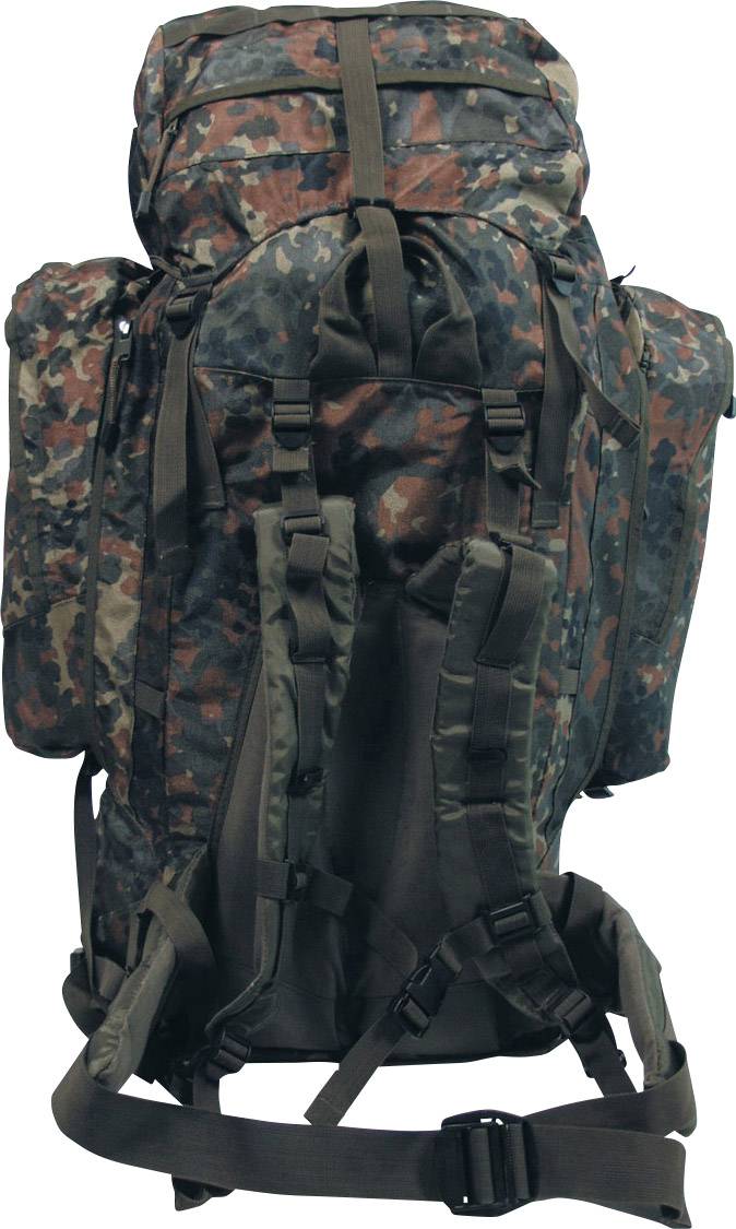 Duży plecak w kamuflażowym wzorze z wieloma paskami i kieszeniami, odpowiedni do aktywności na świeżym powietrzu lub dłuższych podróży.