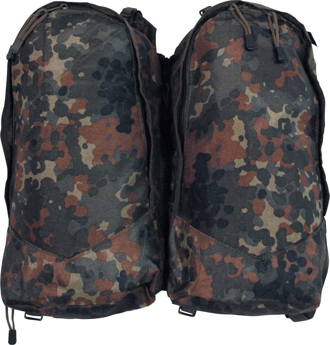 Dwie torby stojące obok siebie w kolorach maskujących, zadrukowane wzorem kamuflażowym.