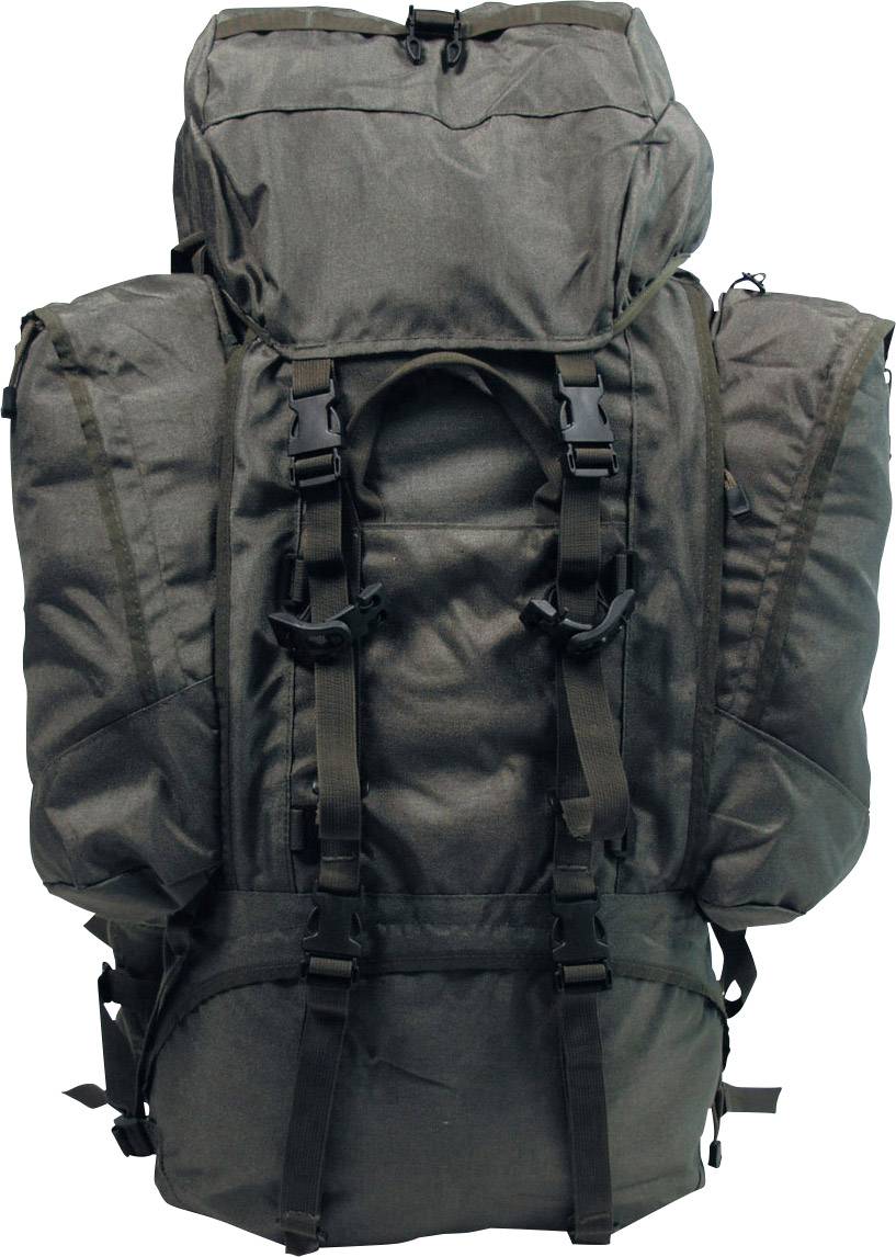 Duży, pusty, czarny plecak z wieloma paskami i kieszeniami, odpowiedni do aktywności na świeżym powietrzu lub wędrówek.