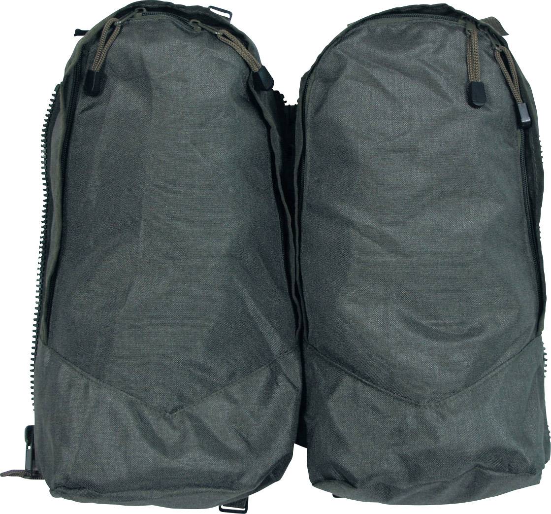 Dwa szare plecaki stojące obok siebie, z zamkami błyskawicznymi na górnej części.