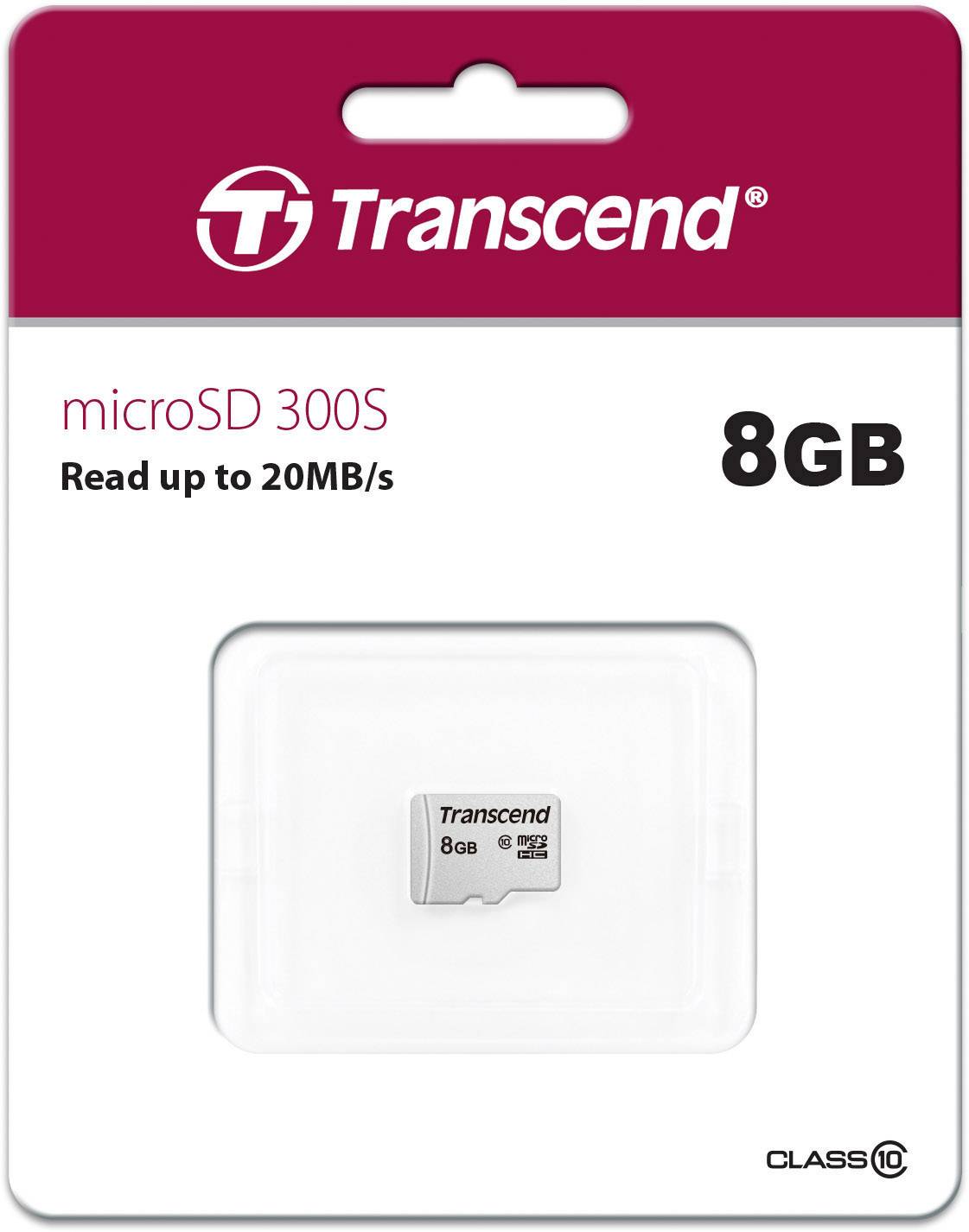Karta microSD Transcend 300S, 8 GB, Klasa 10, do 20 MB/s prędkości odczytu. Opakowanie prezentuje kartę i szczegóły techniczne.
