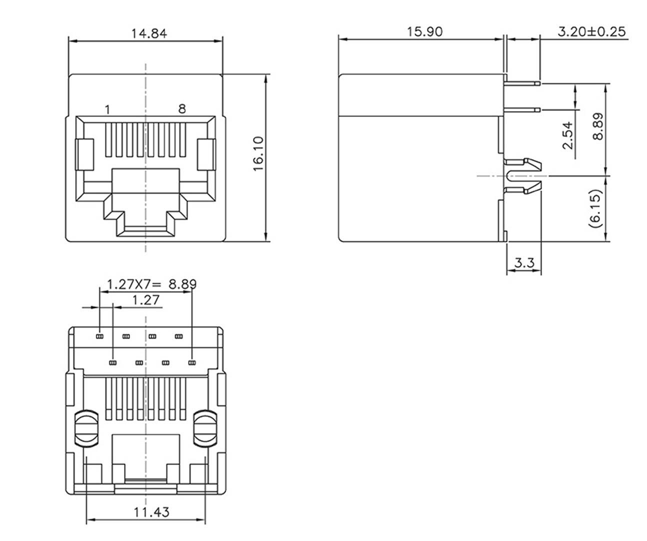 Rysunek techniczny modularnego złącza z wymiarami: 14,84 x 16,10 x 15,90 mm. Oznaczenia rozmieszczenia styków i odstępów między pinami.