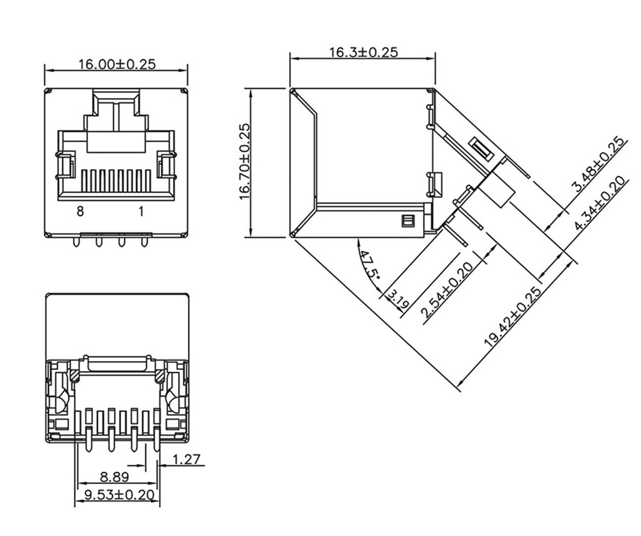 Rysunek techniczny portu RJ45 ze szczegółowymi wymiarami w milimetrach. Widok z góry, widok z boku, widok z przodu.