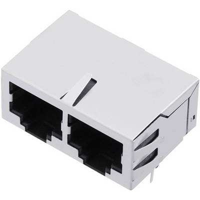 Obraz przedstawia podwójne gniazdo sieciowe RJ45 w obudowie metalowej, powszechnie stosowane w połączeniach Ethernet.