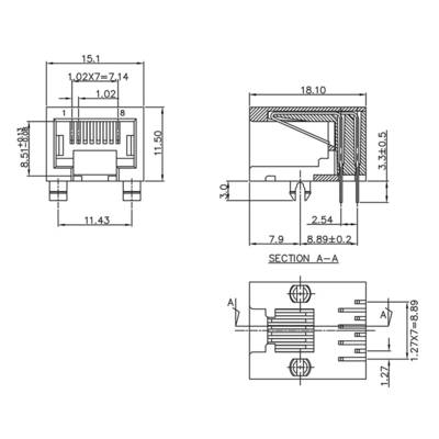 Rysunek techniczny złącza RJ45 z szczegółowymi wymiarami i przekrojem poprzecznym.