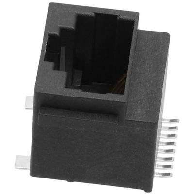 Czarna wtyczka RJ45 z ośmioma metalowymi stykami do podłączania kabli ethernetowych.