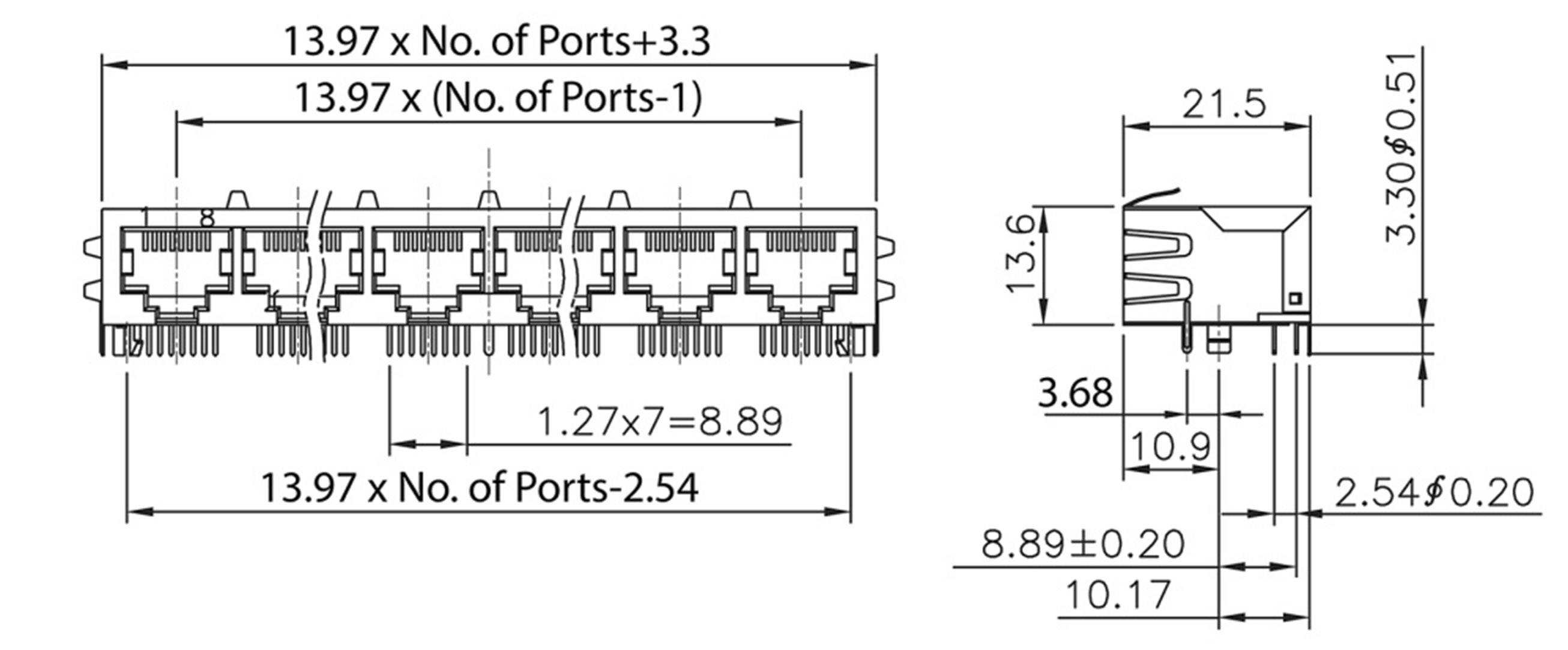 Rysunek techniczny złącza elektrycznego z wymiarami i wzorami. Przedstawia widok z boku i widok z góry do planowania lub montażu.