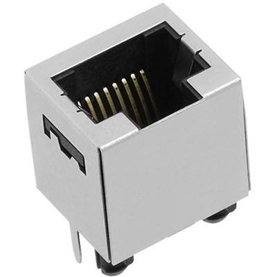 Srebrne złącze RJ45 do kabli Ethernet, wystające, z wyraźnie widocznymi stykami wewnątrz.