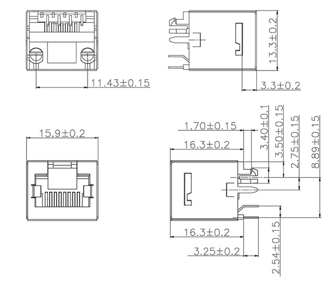 Rysunek techniczny złącza RJ45 z wymiarami w milimetrach przedstawiającymi wysokość, szerokość i głębokość.