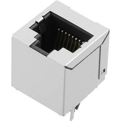 Srebrne złącze Ethernet z wieloma złotymi stykami wewnątrz. Używane do połączeń sieciowych.
