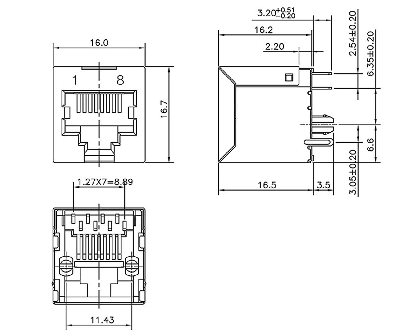 Rysunek techniczny złącza RJ45 z wymiarami w milimetrach; przedstawiono widok z przodu, z boku i z tyłu.