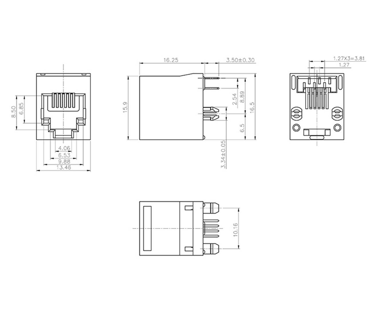 Rysunek techniczny modułu gniazda RJ45 z oznaczeniami wymiarów. Widok z przodu, z boku i z góry. Zawiera dokładne wymiary w milimetrach.