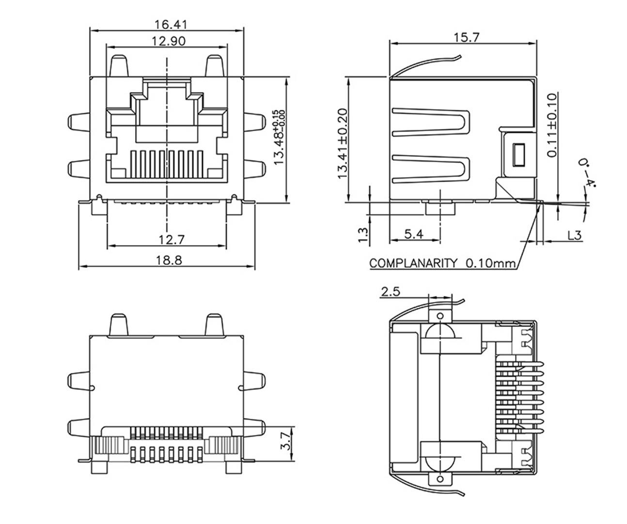 Rysunek techniczny wtyczki RJ45 z wymiarami w milimetrach. Na górze: widok z przodu i z boku. Na dole: widok z góry i z tyłu.
