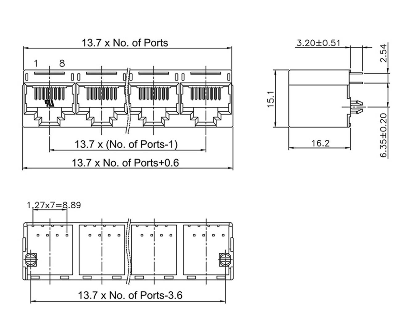 Rysunek techniczny złącza z wymiarami: długość 16,2 mm, szerokość 13,7 × liczba portów, wysokość 15,1 mm.
