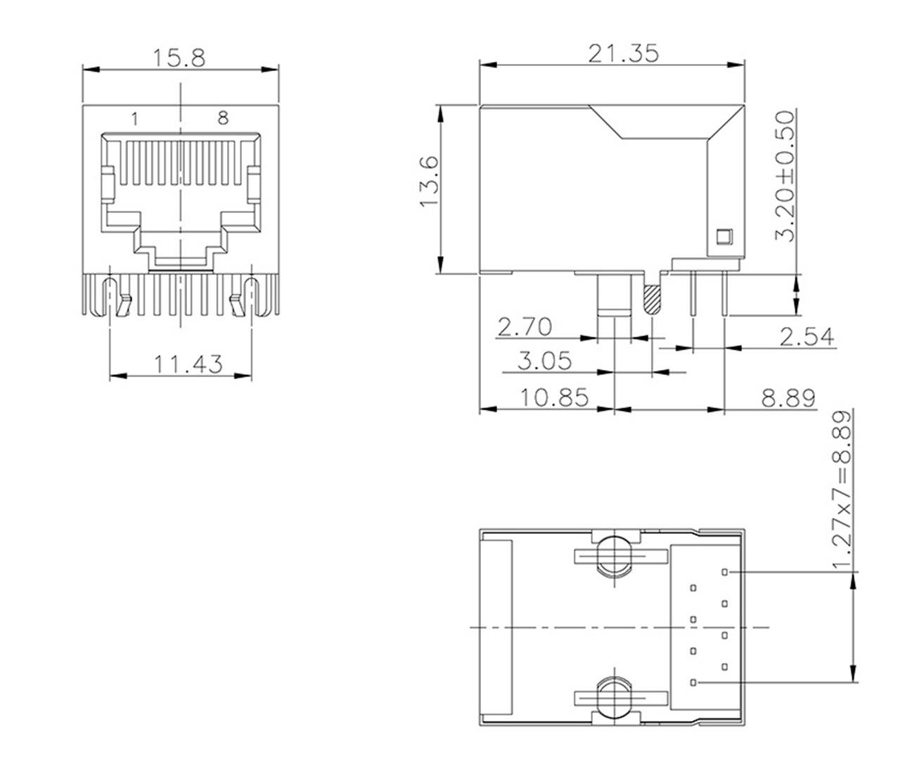 Rysunek techniczny prostokątnego złącza elektrycznego z wymiarami. Widoki: przedni, boczny i górny przedstawiają szczegółowe wymiary w milimetrach.