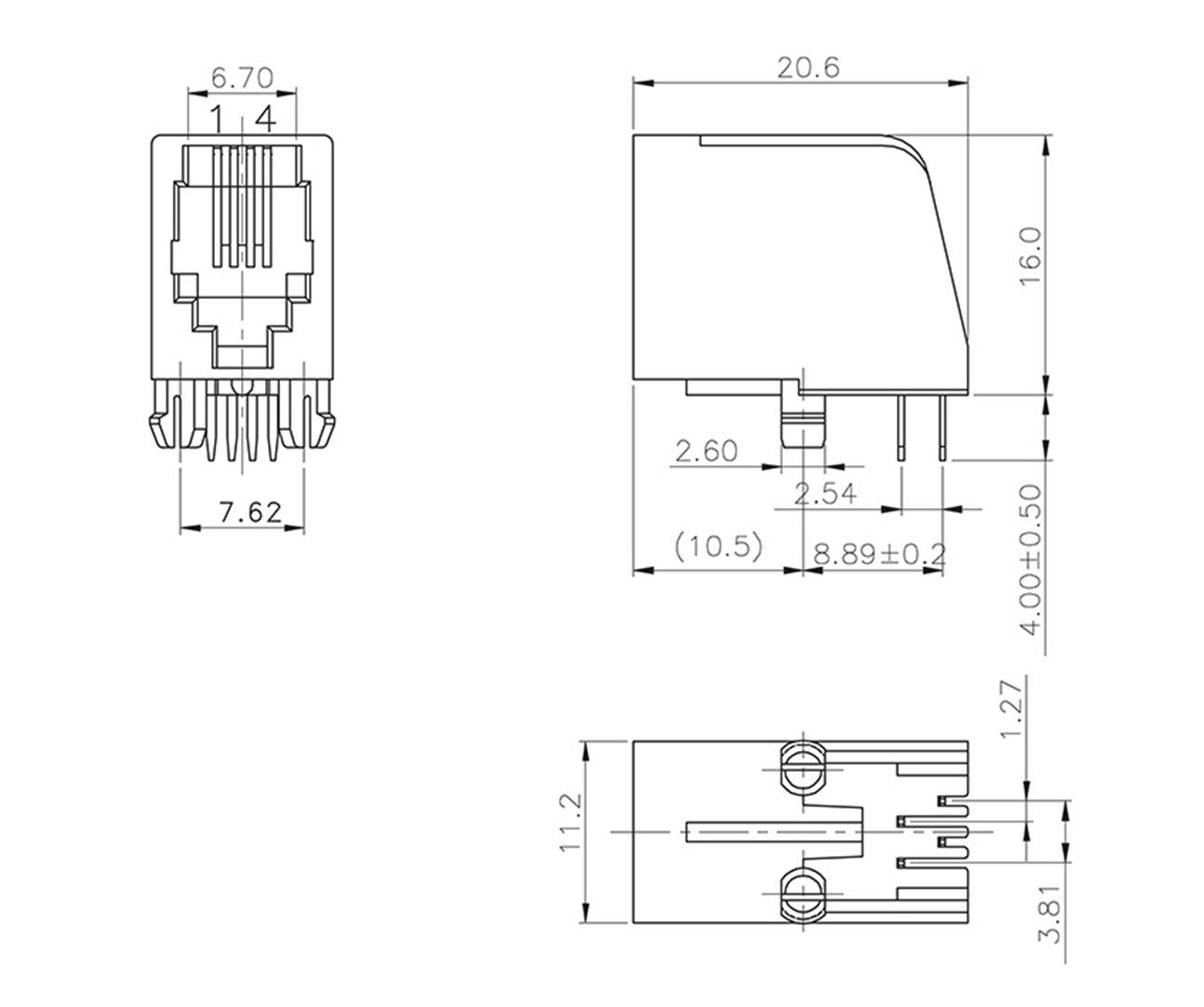 Rysunek techniczny modularnego złącza z wymiarami i szczegółami rozmieszczenia styków oraz widokami geometrycznymi z przodu, boku i góry.