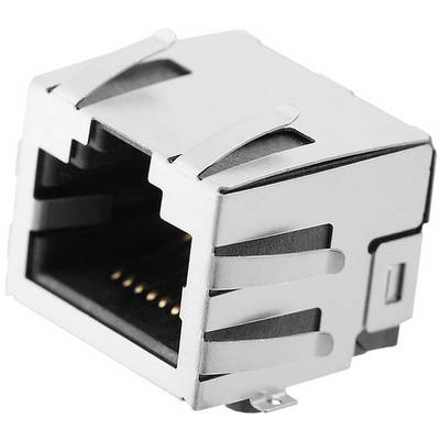 Metalowy port RJ45 do sieci, powszechnie stosowany w połączeniach ethernetowych w sieciach komputerowych, widziany z boku.
