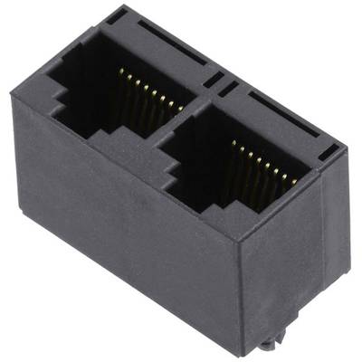Czarny podwójny port Ethernet do przewodów sieciowych, ukazujący metaliczne styki wewnątrz, stosowany w urządzeniach elektronicznych.