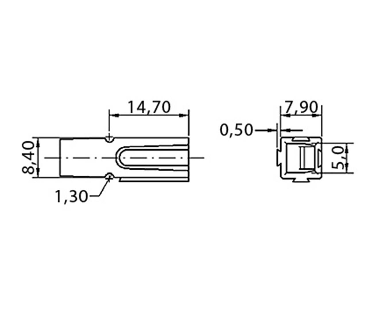 Rysunek techniczny złącza z wymiarami: długość 14,70 mm, szerokość 8,40 mm, wysokość 7,90 mm, średnica otworu 0,50 mm.