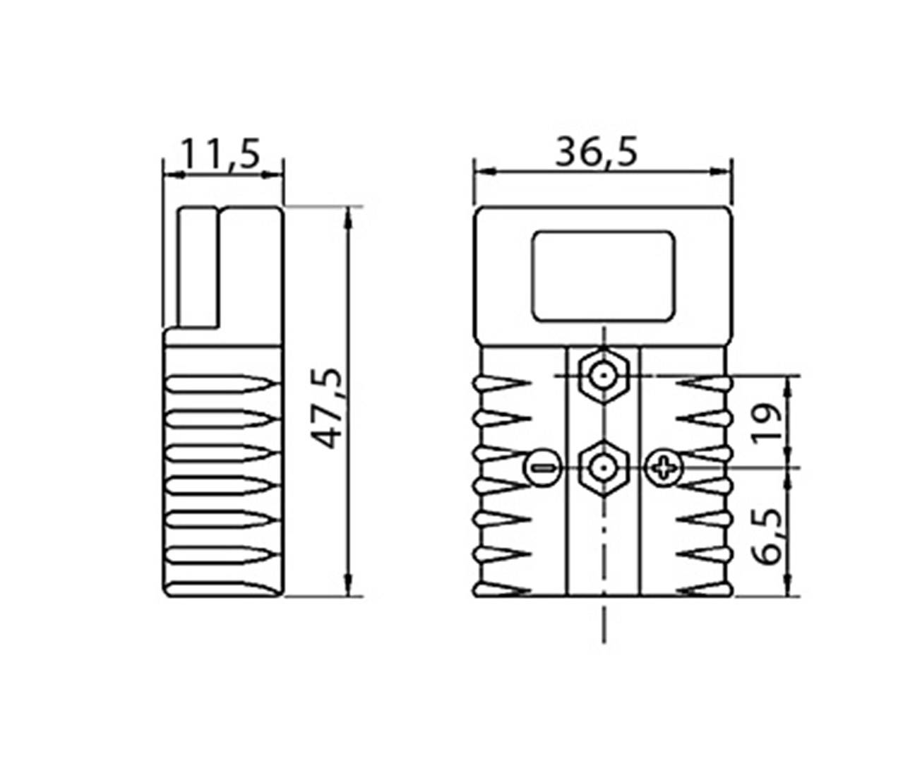 Rysunek techniczny elementu o wymiarach: wysokość 47,5 mm, szerokość 36,5 mm, głębokość 11,5 mm. Zaznaczone są wycięcia boczne oraz otwory montażowe.