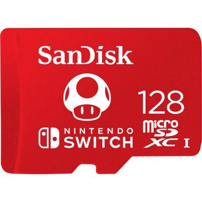 Czerwona karta microSD SanDisk z logo Nintendo Switch o pojemności 128 GB, odpowiednia do rozszerzenia pamięci.