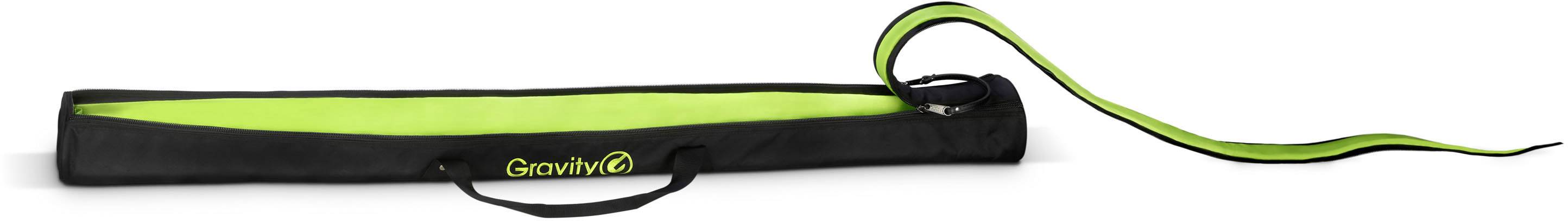 Czarna torba z zielonym wykończeniem wewnętrznym i logo 'Gravity', otwarta i ułożona płasko.