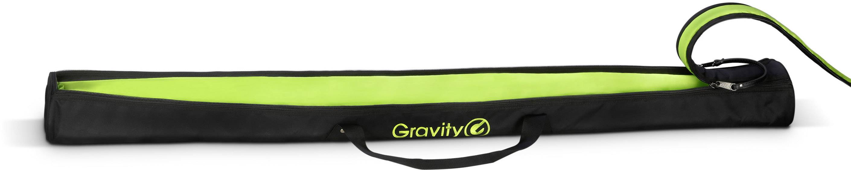 Długi, wąski, czarny pasek do noszenia z żółtą podszewką i logo 'Gravity', odpowiedni do transportowania toreb na statywy.