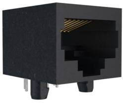 Czarny port LAN, kształt kwadratowy, widoczne liczne styki metalowe. Używany do podłączania przewodów sieciowych.