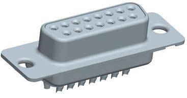 Szary wtyk D-Sub 15-pinowy z dwoma otworami mocującymi po bokach, używany do łączenia urządzeń elektronicznych.