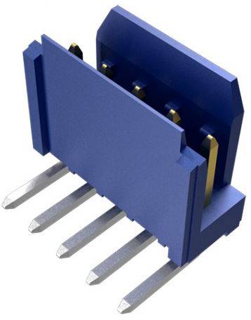 Niebieski, prostokątny wtyk z pięcioma srebrnymi stykami, stosowany do połączeń elektronicznych na płytkach drukowanych.