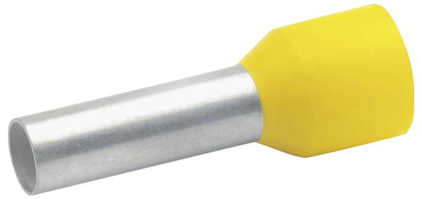 Żółta plastikowa tuleja izolacyjna z cylindrycznym metalowym tulejkiem używana do łączenia przewodów elektrycznych.