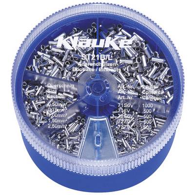Plastikowe pudełko z końcówkami kablowymi w kolorze srebrnym o różnych rozmiarach, oznaczone parametrami przekroju od 0,50 mm² do 2,50 mm² przeznaczonymi do instalacji elektrycznych.