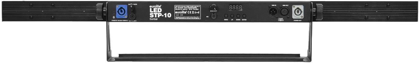 Belka oświetleniowa LED STP-10 w wersji czarnej, przeznaczona do profesjonalnego oświetlenia scenicznego, wyposażona w stabilny uchwyt i przewód przyłączeniowy.
