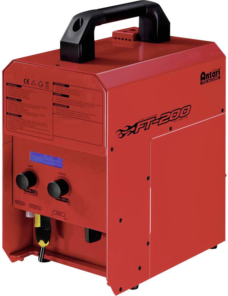 Czerwone urządzenie do wytwarzania mgły marki Antari, model FT-200, z uchwytem, przełącznikami i wyświetlaczem na przedniej części obudowy.