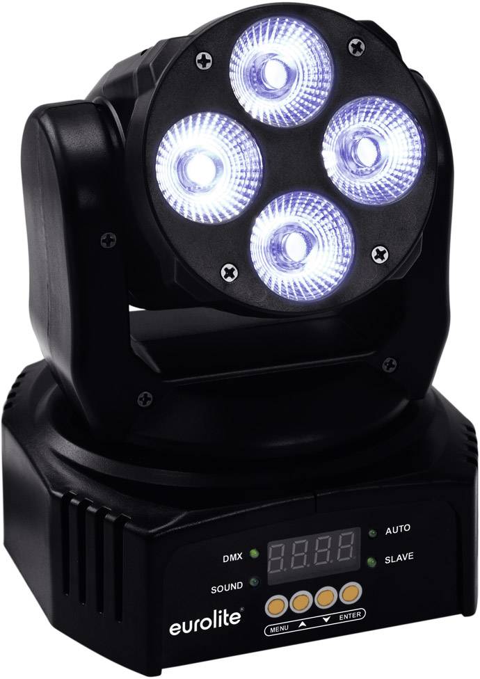 Czarny reflektor LED z czterema świecącymi niebieskimi lampkami. Panel sterowania na dole prezentuje różne tryby i ustawienia.