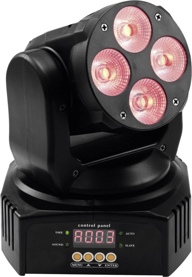 Ruchome światło sceniczne z czterema czerwonymi diodami LED i panelem sterowania. Może być obsługiwane w różnych trybach, w tym w trybie DMX.