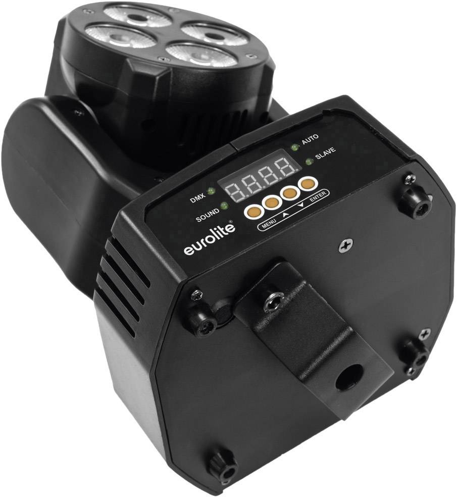 Czarny ruchomy reflektor z wyświetlaczem LED i przyciskami sterującymi na przedniej ściance, stosowany w oświetleniu scenicznym i eventowym.