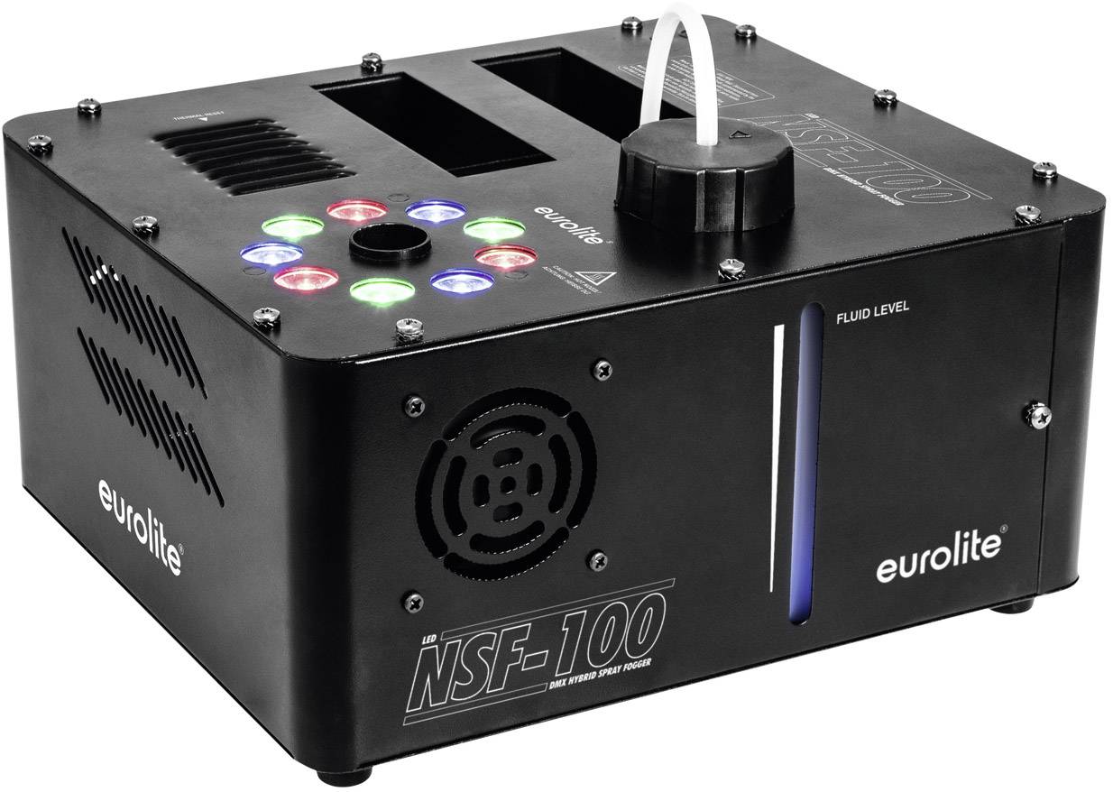 Czarna maszyna do mgły i piany firmy Eurolite, model NSF-100, z podświetlanymi elementami sterującymi i otworami wentylacyjnymi.