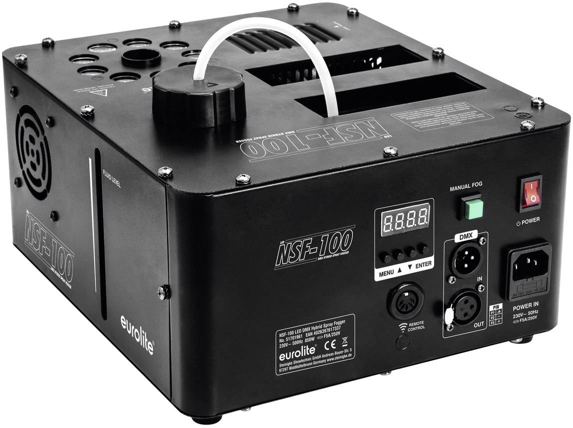 Kompaktowa maszyna mgłowa 'Eurolite NSF-100' w czarnej obudowie. Posiada elementy sterujące, złącza, wąż i wyświetlacz do ustawień.