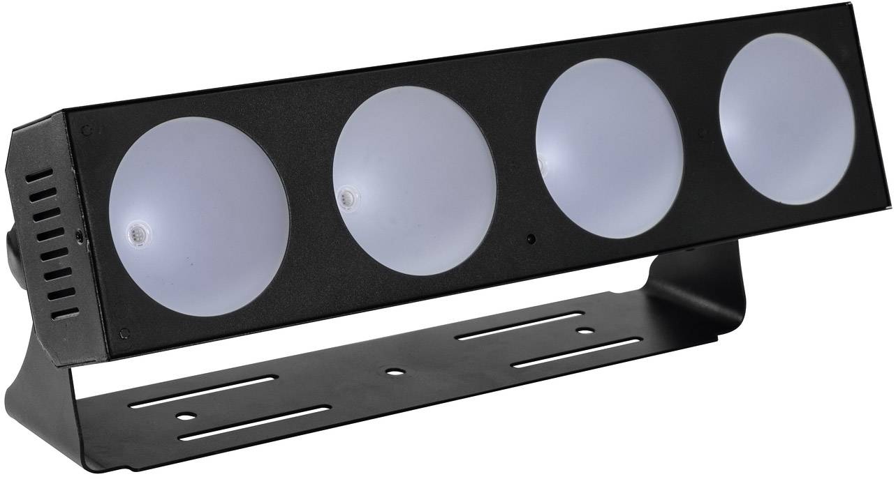 Czarny efekt świetlny LED z czterema okrągłymi, matowymi powierzchniami świetlnymi, równomiernie rozmieszczonymi. Idealny do oświetlenia scenicznego lub imprez.