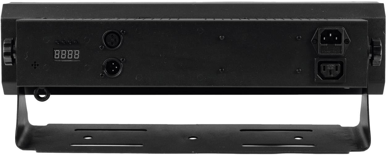 Tylna cześć urządzenia elektronicznego z przyłączami: wtyczka sieciowa, dwie gniazda XLR oraz wyświetlacz cyfrowy.