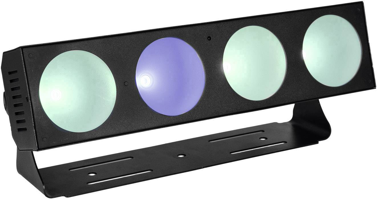 Prostokątny reflektor LED z czterema okrągłymi lampami świecącymi w odcieniach zieleni i błękitu, zamontowany na czarnym stojaku.
