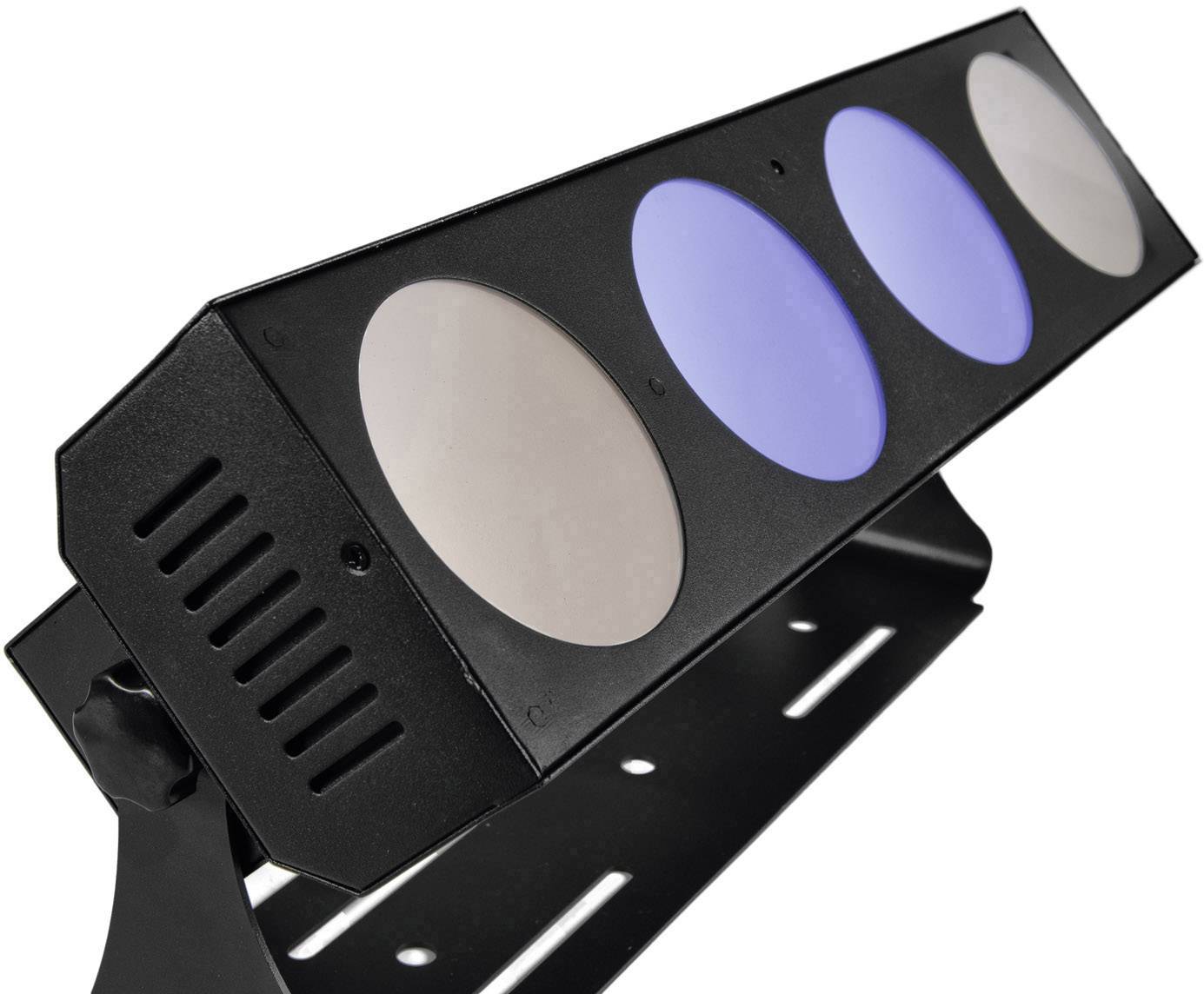 Listwa LED z czterema okrągłymi soczewkami w różnych kolorach (trzy neutralne, jedna niebieska) na czarnym wsporniku.