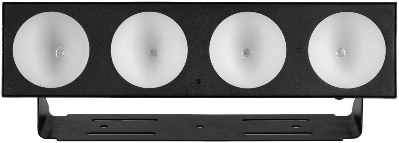 Czarny reflektor LED z czterema okrągłymi źródłami światła, odpowiedni do oświetlenia scenicznego.