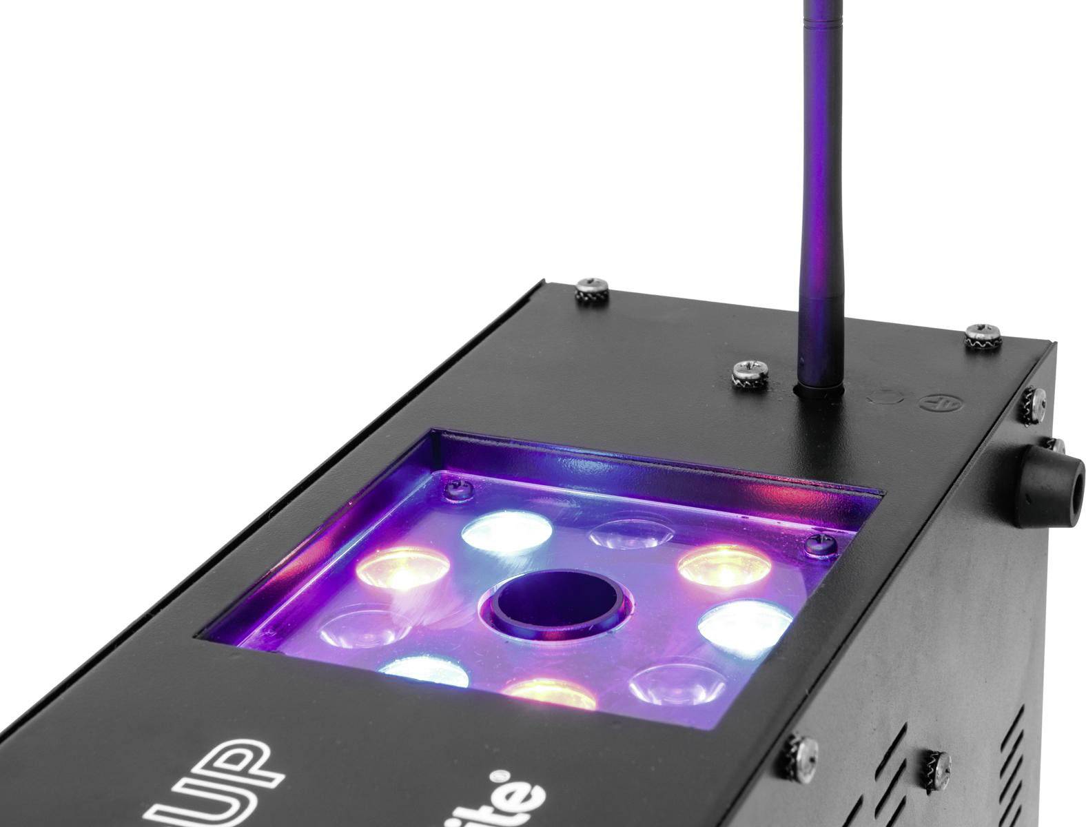 Czarne urządzenie z kolorowymi diodami LED i anteną.