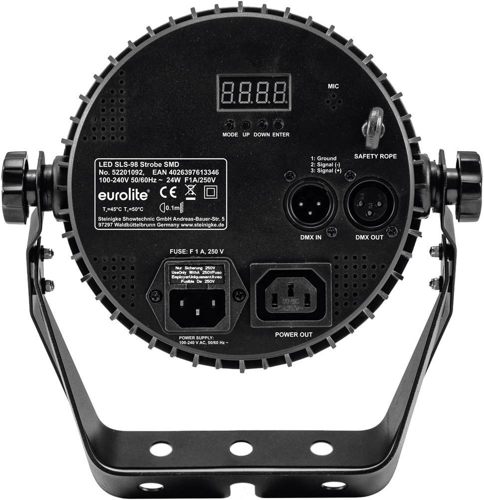 Tylna strona stroboskopu LED z elementami sterującymi: wyświetlacz, mikrofon, linka bezpieczeństwa, złącza DMX In/Out oraz zasilanie.